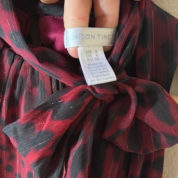 LONDON TIMES Burgundy Animal Print Sleeveless Neck Tie Maxi Dress - Picture 11 of 15